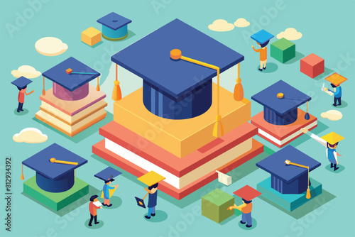 A diverse group of individuals standing around a stack of books, engaged in discussion and sharing knowledge, Graduation hats Customizable Isometric Illustration