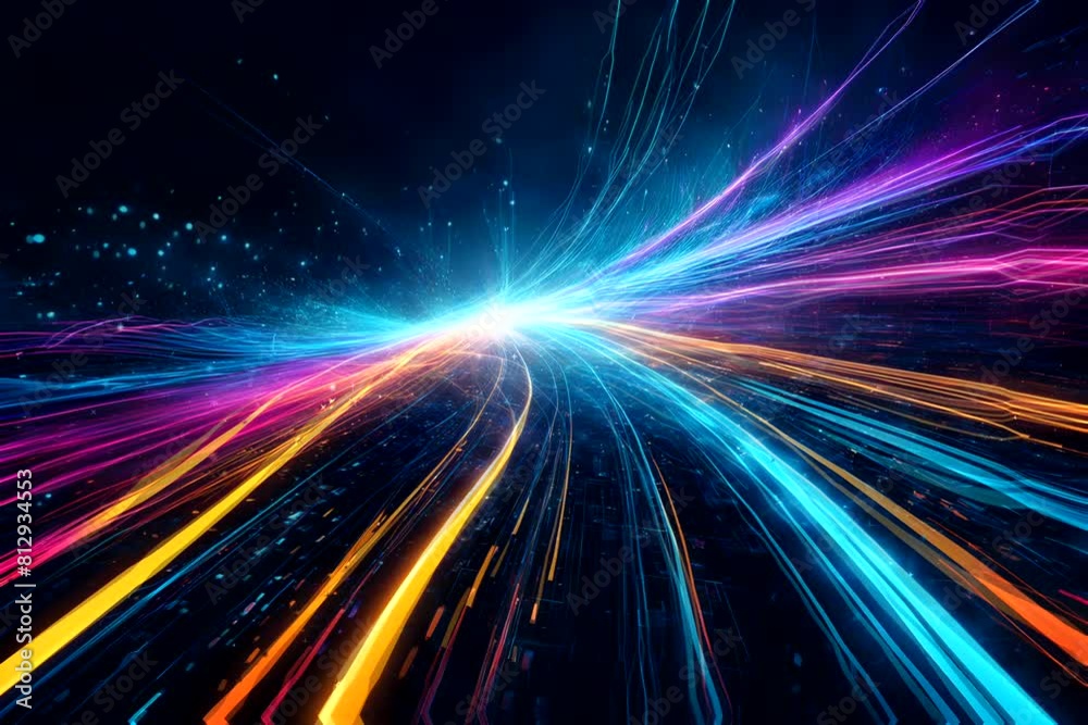 A colorful, swirling light display with a bright blue line in the middle.