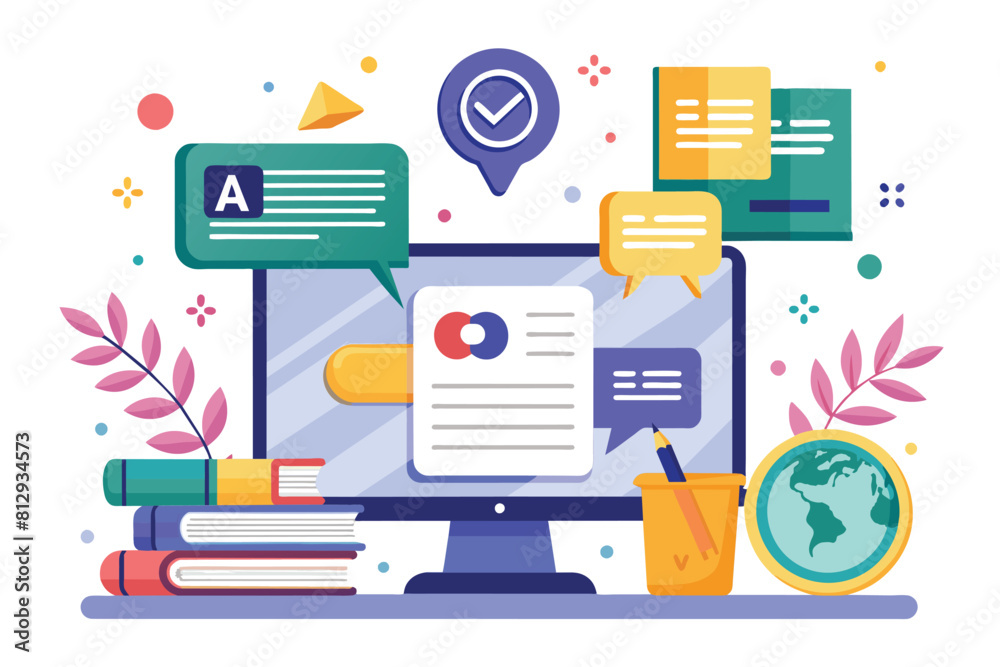 Computer Screen Surrounded by Books, Magnifying Glass, and Globe, Grammar correction Customizable Flat Illustration
