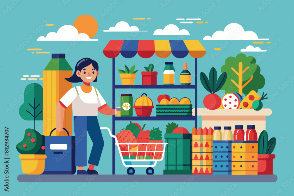 Naklejka premium A woman stands in front of a grocery cart filled with groceries, Grocery shopping Customizable Flat Illustration