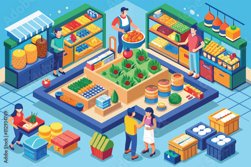 Diverse group of people shopping for groceries in a busy store aisle  Grocery shopping Customizable Isometric Illustration