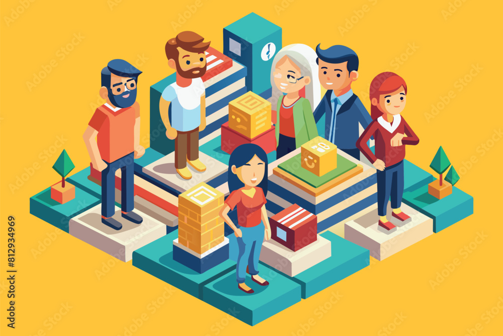 A group of individuals standing together around a stack of cardboard boxes, engaging in a discussion or activity, Group photo Customizable Isometric Illustration A group of individuals standing together around a stack of cardboard boxes, engaging in a discussion or activity, Group photo Customizable Isometric Illustration