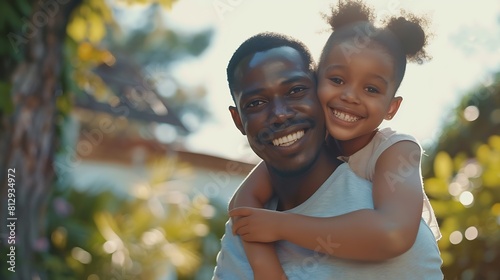 Mockup piggy back and black father with girl outside new house and playful family with love and happiness African American dad carry daughter happy child and kid with smile fun and che : Generative AI