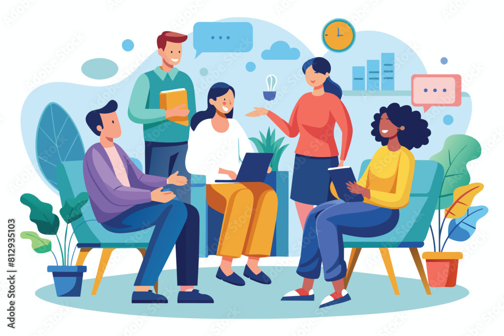 People sitting in a circle around a laptop, engaging in group therapy or collaborative work, Group therapy Customizable Flat Illustration
