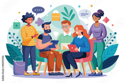 A diverse group of individuals engaged in a discussion while sitting around a table, Group therapy Customizable Disproportionate Illustration