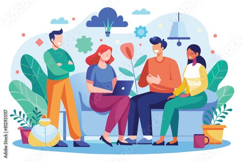 Multiple individuals seated together atop a sofa in a group therapy setting, Group therapy Customizable Flat Illustration