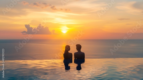 couple watching the sunset in an infinity pool on a luxury vacation in Thailand man and woman watching the sunset on the edge of a pool in Thailand on vacation   Generative AI