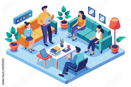 A group of individuals sitting together in a living room engaged in conversation, Group therapy Customizable Isometric Illustration