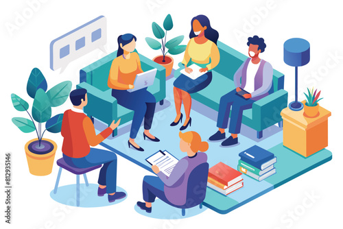 A group of individuals sitting on a couch in a customizable isometric illustration, Group therapy Customizable Isometric Illustration