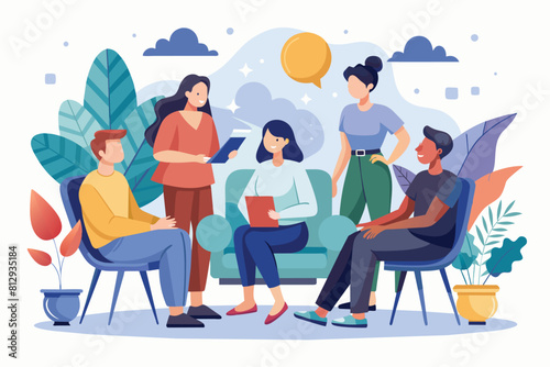 A diverse group of individuals gathered around a couch engaged in a group therapy session, Group therapy Customizable Semi Flat Illustration