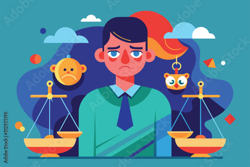 A man wearing a tie appears sad as he stands in front of a scale with a sad face on it, Guilty Customizable Disproportionate Illustration