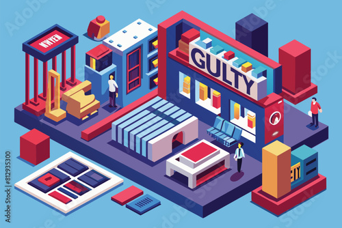 Illustration of a man standing in front of a store in a city setting, Guilty Customizable Isometric Illustration