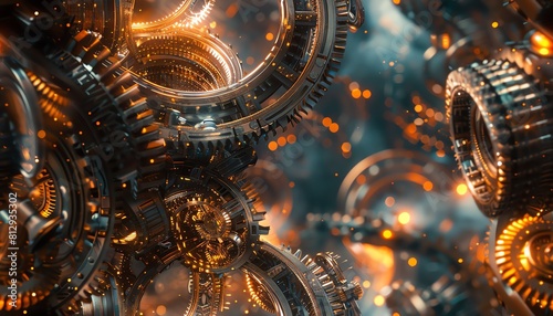 Illustrate a photorealistic landscape of gears and cogs spinning in harmony photo