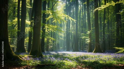 A magical woodland scene with a carpet of bluebells under a canopy of towering trees