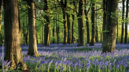 A magical woodland scene with a carpet of bluebells under a canopy of towering trees