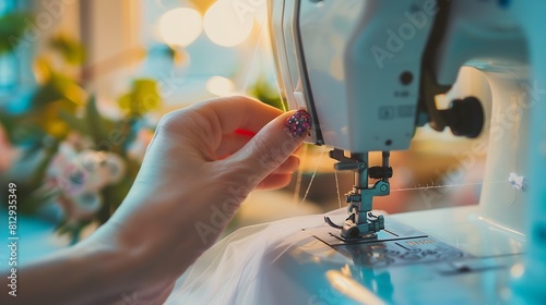 Woman hand close up sews tulle on electric sewing machine Filling the thread into the sewing needle adjusting the tension Comfort in the house a housewifes hobby layout of sewing tools : Generative AI photo