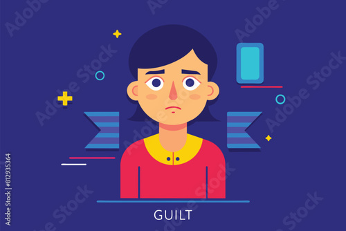 A woman with a puzzled expression on her face, looking unsure and perplexed, Guilty Customizable Flat Illustration