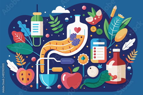 Various items displayed on a blue background in this customizable semi flat illustration, Gut health Customizable Semi Flat Illustration