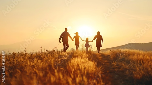 Happy family mother father children son and  daughter on nature  on sunset   Generative AI