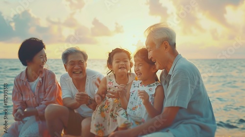 Happy Asian family on holiday vacation Group of multi generation family little girl with parents and grandparents relax and enjoy with dinner party and dancing together on the beach at : Generative AI
