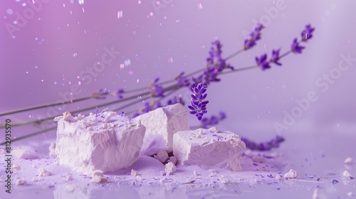 Abstract background minimal presentation with lavender flower On a purple background fresh blooming lavender displayed with blocks of stone The scent of lavender can improve sleep qual : Generative AI photo