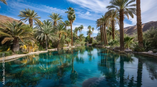 A peaceful oasis in the desert with palm trees surrounding a shimmering blue pool of water