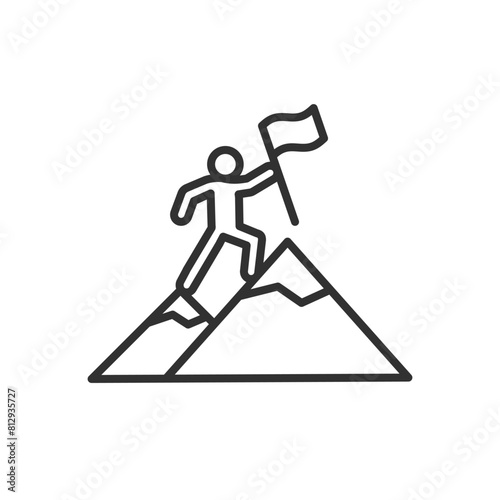 A person on a mountain with a flag, linear icon. Reaching the top. Success. Line with editable stroke