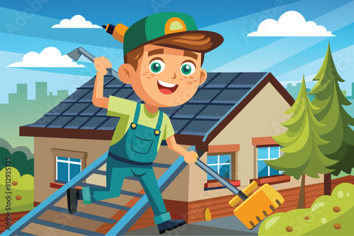 A man carrying a tool climbs the stairs leading up to a house, Gutter cleaning Customizable Cartoon Illustration