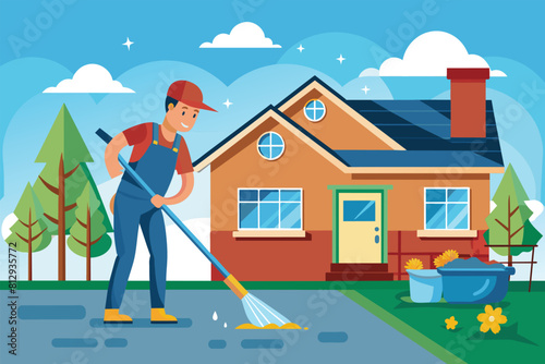 A man in overalls is cleaning the driveway of a house, Gutter cleaning Customizable Disproportionate Illustration