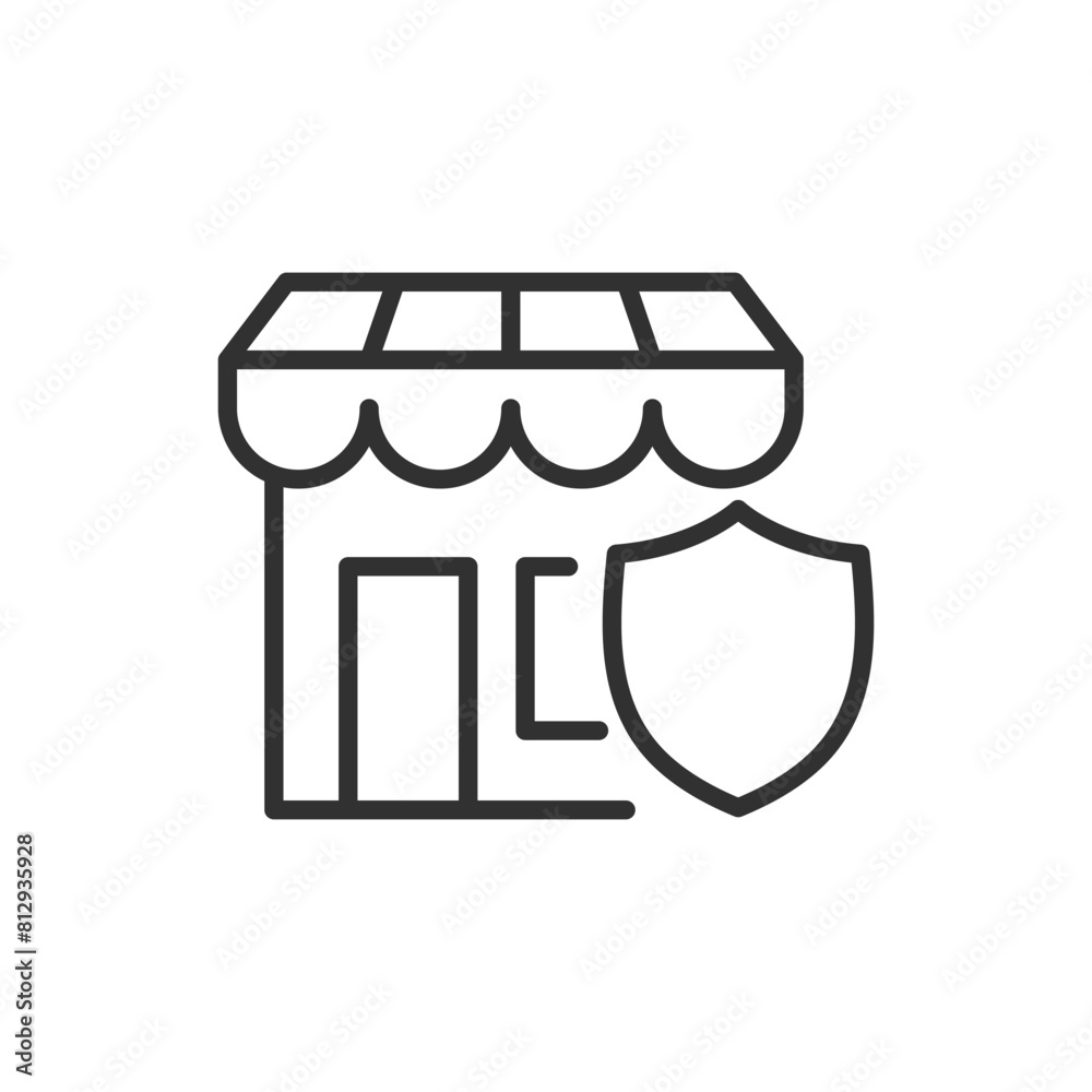 Business Insurance, linear icon. Shop and Shield. Line with editable stroke Business Insurance, linear icon. Shop and Shield. Line with editable stroke