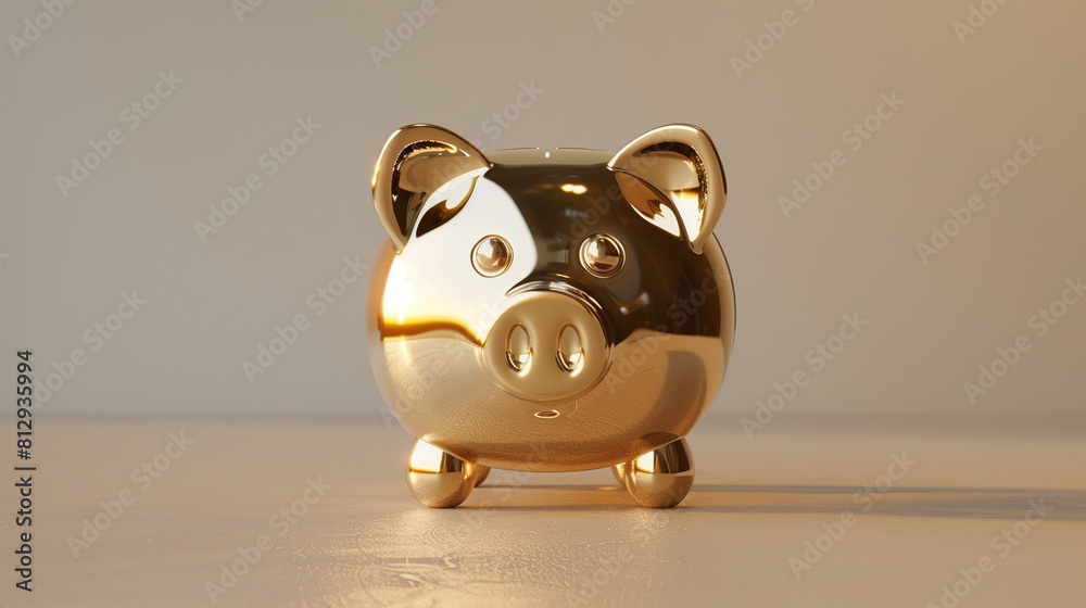 Shiny golden piggy bank on a reflective surface with soft lighting Shiny golden piggy bank on a reflective surface with soft lighting