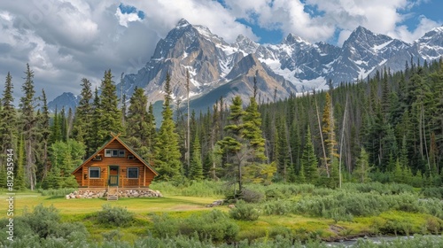 A remote wilderness cabin nestled in a forest clearing with snow capped peaks in the background