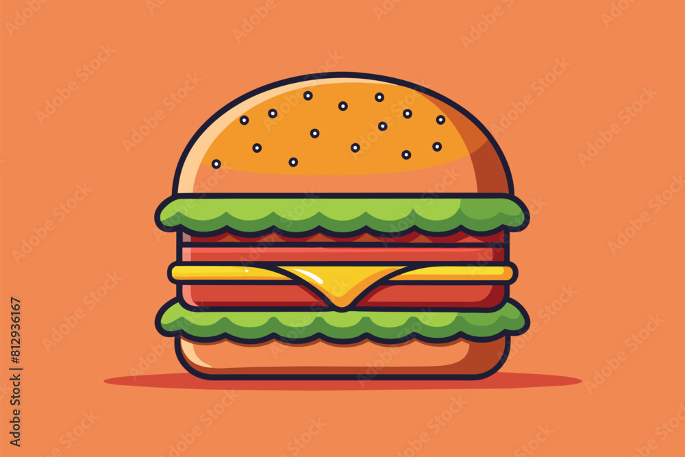 A hamburger topped with cheese and lettuce, Hamburger Customizable Cartoon Illustration A hamburger topped with cheese and lettuce, Hamburger Customizable Cartoon Illustration