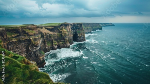 Coastal landscape with rugged cliffs, crashing waves, and a dramatic cloudy sky