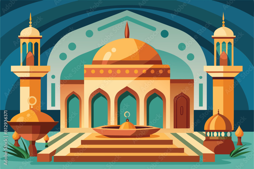 A building with a fountain in front of it, under a sunny sky, Hammam Customizable Semi Flat Illustration