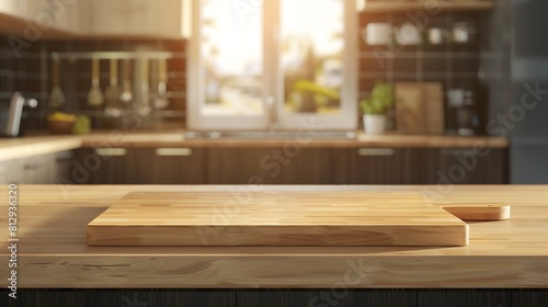 Selective focusEnd grain wood counter top with cutting board on blur kitchen in morning window backgroundFor montage product display or design key visual : Generative AI photo