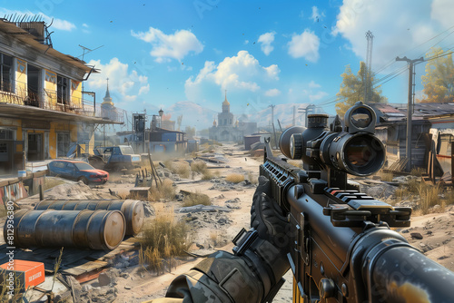 Selective focus of Computer game screen of rifle shooting game.