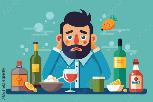 A man with a beard seated at a table filled with various alcoholic beverages, Hangover Customizable Disproportionate Illustration