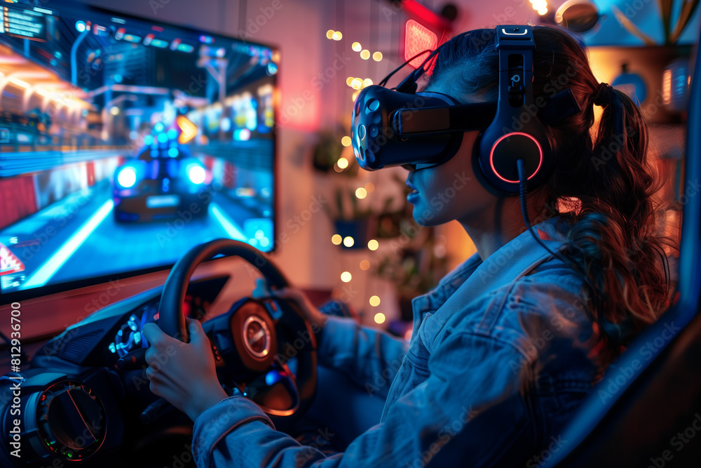 Young woman wearing VR glasses drives a car in a virtual reality game with a big screen and steering wheel controls at home.