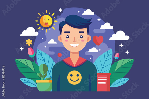 A man displaying a cheerful smile on his face, Happiness Customizable Semi Flat Illustration
