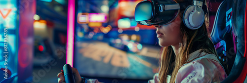 Young woman wearing VR glasses drives a car in a virtual reality game with a big screen and steering wheel controls at home. photo