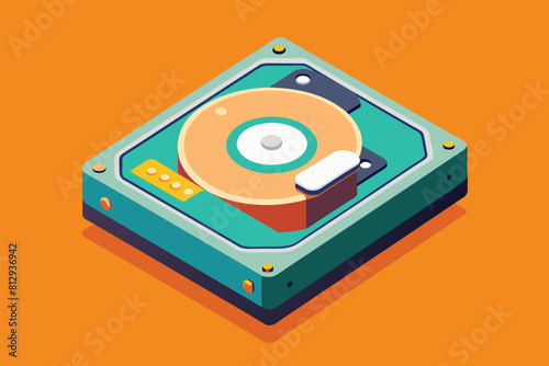 A hard drive with a disk resting on top, against a white background, Hard drive Customizable Flat Illustration