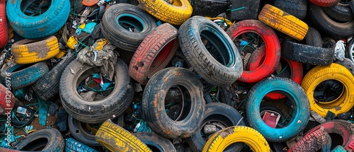 Colorful old tires and plastic trash in the style of industrial waste texture background. Stock photo, colorful.
