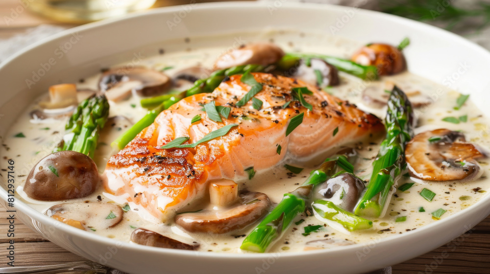 Grilled salmon with fresh asparagus tips and creamy mushroom sauce served in a white ceramic dish