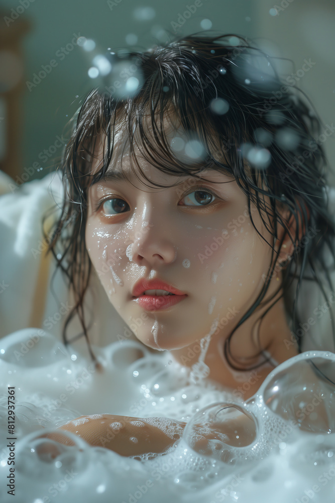 Asian woman taking a bath in the tub. Asian woman taking a bath in the tub.