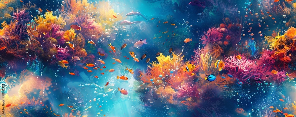 Capture a mesmerizing underwater world from a high angle using vibrant watercolors to convey a dreamy, surreal atmosphere Include swirling schools of fish and cascading coral reefs