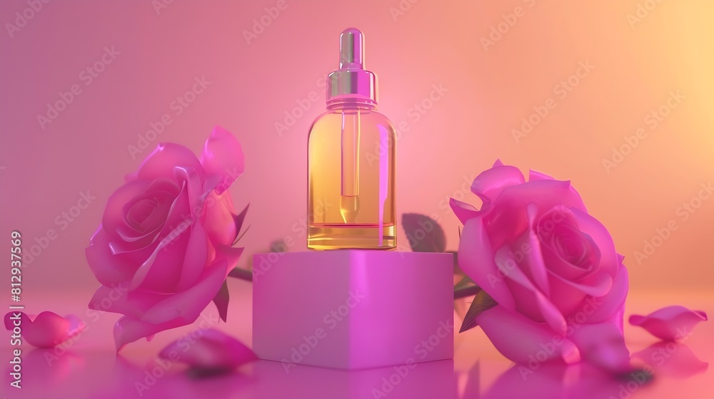 Cosmetic face oil bottle on cube podium with pink roses Organic serum skincare product natural cosmetic branding : Generative AI Cosmetic face oil bottle on cube podium with pink roses Organic serum skincare product natural cosmetic branding : Generative AI