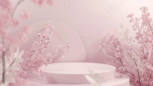 Podium stand showcase on pastel light pink background and flowers for premium product with nature plant leaves3d render : Generative AI photo