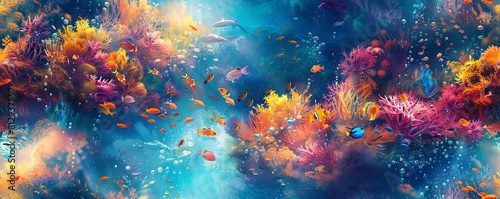 Capture a mesmerizing underwater world from a high angle using vibrant watercolors to convey a dreamy, surreal atmosphere Include swirling schools of fish and cascading coral reefs photo