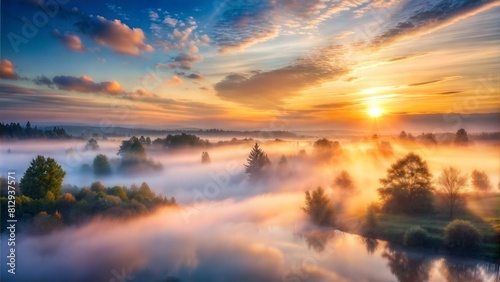 Ethereal Misty Morning  A thin layer of mist hangs in the air  diffusing the light of the rising sun and lending the sky a dreamy  otherworldly quality that inspires introspection and contemplation.
